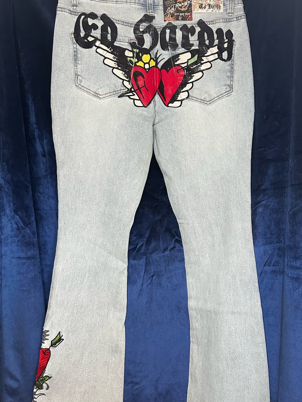 Ed Hardy Light Wash Denim Jeans with Red Winged Heart and Black Logo